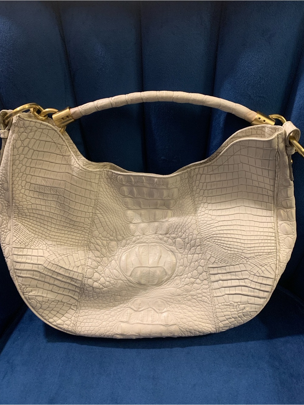 Brahmin White Croc-Embossed Leather Kathleen Hobo Bag with Gold Hardware